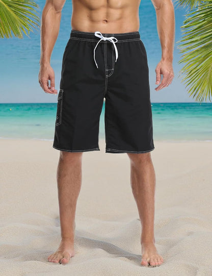 Mens Quick Dry Swim Trunks Striped Print Board Shorts with Mesh Lining,Black,L