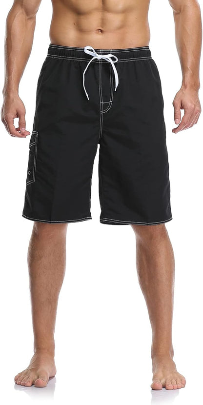 Mens Quick Dry Swim Trunks Striped Print Board Shorts with Mesh Lining,Black,L